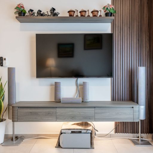 Modern Floating TV Cabinet and Wood Fluted Wall Feature Selangor
